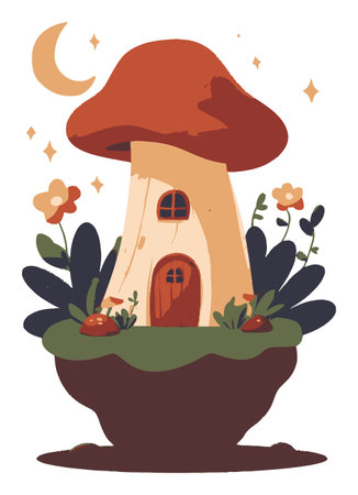 This charming illustration features a whimsical mushroom house nestled among flowers and plants under a starry night sky. Ideal for creative projects!のイラスト素材