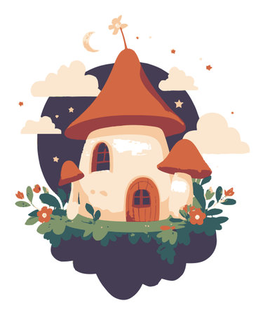 This charming illustration features a whimsical house with a unique design, surrounded by vibrant flowers and twinkling stars, perfect for a playful theme.のイラスト素材