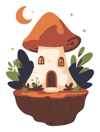 Discover a charming illustration of a whimsical mushroom house set against a night sky, featuring vibrant colors, playful details, and a cozy atmosphere.のイラスト素材