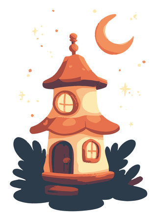 A whimsical cartoon house featuring a charming design under a crescent moon and twinkling stars. The illustration showcases vibrant colors and playful elements, perfect for a fantasy-themed project.のイラスト素材