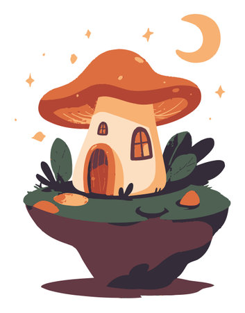 A delightful illustration of a whimsical mushroom house resting on a floating island. The scene features a crescent moon, sparkling stars, and lush foliage, evoking a sense of magic and adventure. Perfect for imaginative themes.のイラスト素材