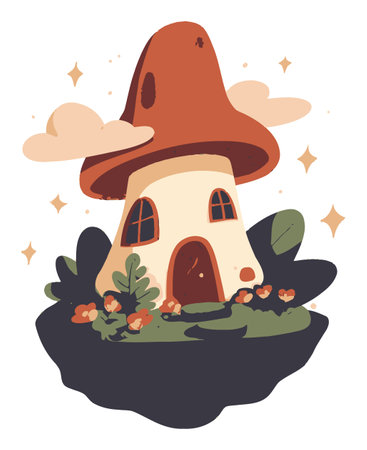 A whimsical illustration of a charming mushroom house nestled among vibrant greenery, showcasing a colorful fantasy setting with soft clouds and shining stars.のイラスト素材