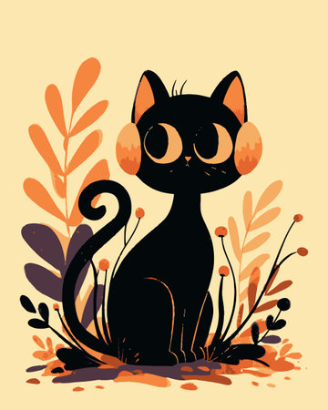Delight in this charming cartoon cat illustration, featuring a black feline adorned with orange ears, surrounded by playful foliage and vibrant plants.のイラスト素材