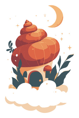 This charming cartoon illustration features a whimsical mushroom house under a crescent moon. The vibrant colors and playful design create a cozy and magical atmosphere.のイラスト素材
