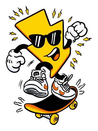 This fun hand-drawn cartoon features a lively lightning character skateboarding, showcasing vibrant colors and a playful attitude perfect for energetic themes.のイラスト素材