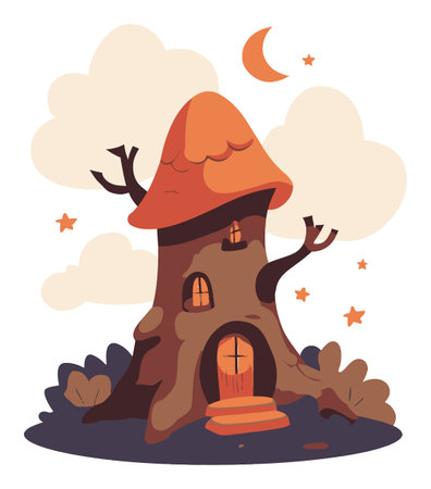Delight in this whimsical illustration of a tree house featuring an orange roof, surrounded by clouds and stars. Perfect for children's themes and imaginative projects.のイラスト素材