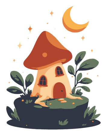 A charming mushroom house illustration featuring a moon and stars in a whimsical style. Perfect for enhancing fantasy or nature-themed projects with playful art.のイラスト素材