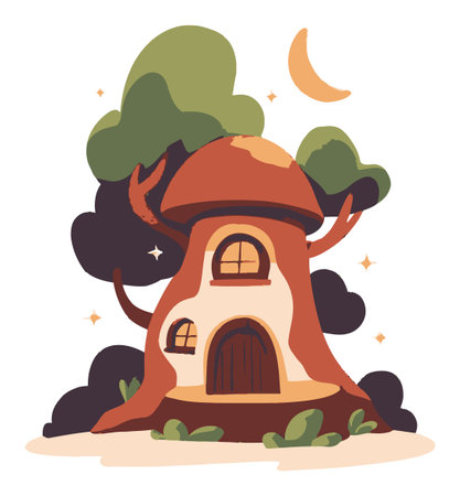 A charming illustration of a whimsical treehouse nestled among trees, featuring a round roof and soft colors. Ideal for fantasy and children's themes.のイラスト素材