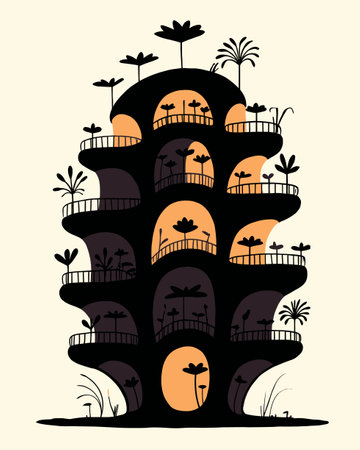Explore a unique cartoon illustration showcasing a stylized building adorned with plants and intricate vegetation. A vibrant mix of colors creates an imaginative urban scene.のイラスト素材