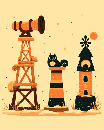 Delight in this whimsical cartoon illustration showcasing a curious cat on a tower, a telescope, and charming structures, perfect for creative projects.のイラスト素材