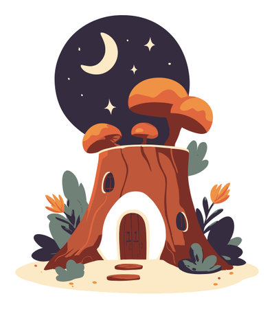 A charming illustration of a tree stump house under a moonlit sky, featuring whimsical mushrooms and stars, evoking a playful and dreamy atmosphere.のイラスト素材