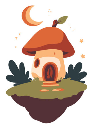 Discover a whimsical mushroom house design that captures the essence of a magical world. Surrounded by leaves and stars, this colorful illustration evokes a playful and imaginative atmosphere.のイラスト素材