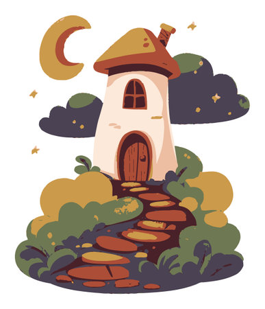 This delightful illustration features a whimsical tower house set in a vibrant landscape, complete with a path, moon, and playful clouds, creating a magical scene.のイラスト素材