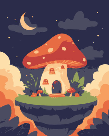 A charming illustration of a whimsical mushroom house set against a dreamy night sky. The vibrant colors and surreal landscape create a magical atmosphere perfect for storytelling.のイラスト素材