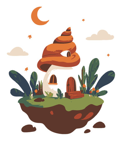 This charming illustration features a whimsical mushroom house set amidst vibrant plants and soft clouds, creating a serene fantasy landscape perfect for children's art projects.のイラスト素材