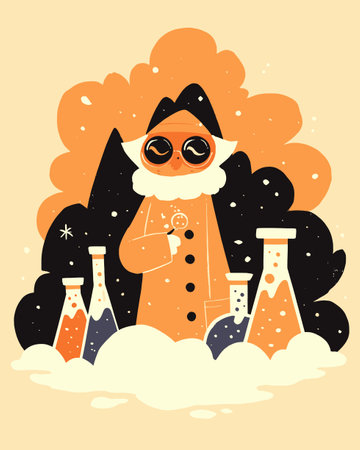 Whimsical cartoon scientist in a lab with colorful flasks surrounded by vibrant clouds. A cheerful character embodies creativity and playfulness in a festive setting.のイラスト素材
