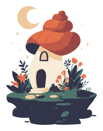 This colorful illustration features a whimsical mushroom house surrounded by vibrant flowers and plants under a crescent moon, creating a charming and serene scene.のイラスト素材