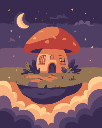 A delightful illustration of a mushroom-shaped house amidst fluffy clouds under a dreamy night sky, blending whimsy with serene natural beauty.のイラスト素材