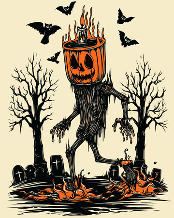 This illustration features a creepy pumpkin-headed character walking through a graveyard. Surrounded by flames and bats, the scene embodies Halloween's spooky and whimsical charm.のイラスト素材