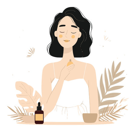 This vector illustration depicts a serene woman enjoying cosmetic application, surrounded by nature-inspired elements, perfect for skincare and wellness themes.のイラスト素材