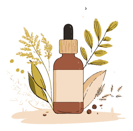 A charming hand-drawn illustration of a cosmetic bottle featuring a dropper, surrounded by botanical elements that convey a natural and organic theme.のイラスト素材