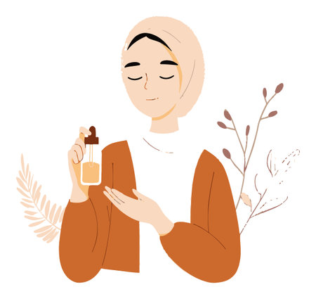 This illustration features an elegant woman holding a cosmetic oil bottle, surrounded by natural elements. The minimalist design enhances the beauty and serenity of skincare.のイラスト素材