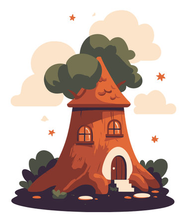 A delightful cartoon illustration of a whimsical house nestled among trees and clouds. The charming design evokes a sense of fantasy and creativity, perfect for storytelling.のイラスト素材