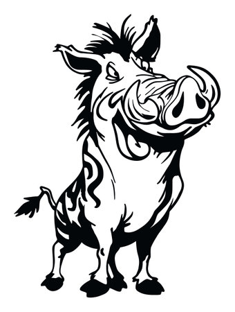 Discover a hand-drawn vector illustration of a cheerful warthog character, perfect for creative projects seeking humor and wildlife charm. This artwork captures playful essence and distinctive features.のイラスト素材