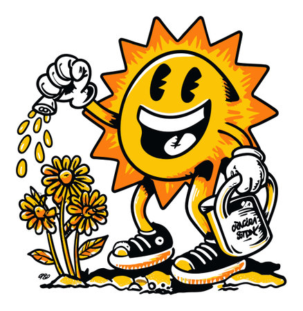 This lively hand-drawn illustration features a cheerful sun character watering vibrant flowers, embodying joy and a connection to nature. Perfect for eco-friendly themes.のイラスト素材
