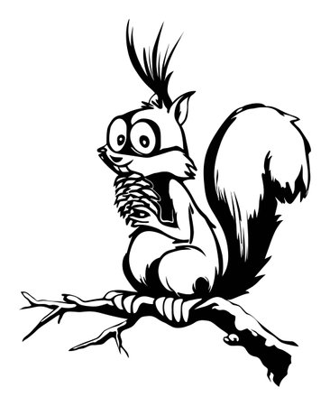 Whimsical black and white illustration of a playful squirrel holding a pinecone while sitting on a branch, perfect for children's projects and nature themes.のイラスト素材
