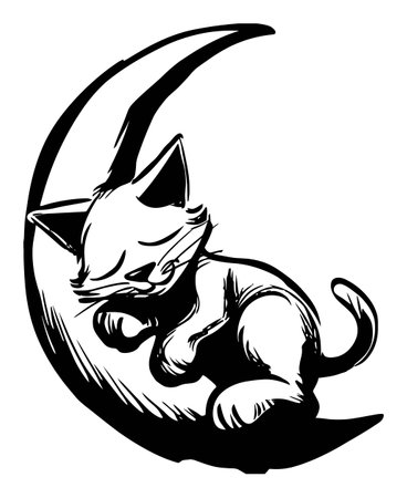 This hand-drawn vector illustration features a cute sleeping cat nestled on a crescent moon, blending whimsical art with tranquil vibes in black and white.のイラスト素材