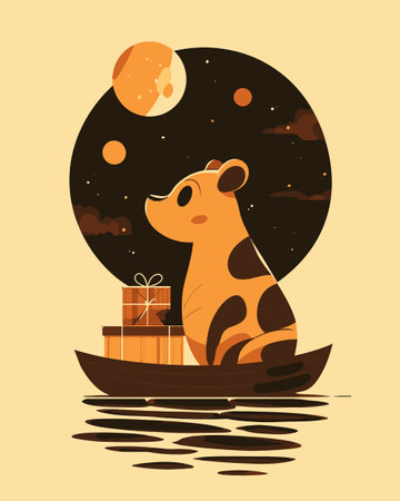 This charming illustration features a cute cartoon tiger sitting in a boat under a moonlit sky, surrounded by stars. Gifts add a whimsical touch, perfect for creative projects.のイラスト素材