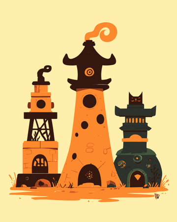 Delight in this whimsical illustration featuring three uniquely designed cartoon towers. The vibrant colors and playful shapes create an engaging and imaginative scene.のイラスト素材