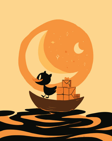 Delightful cartoon of a duck in a boat, surrounded by moonlight and gift boxes, creating a whimsical scene filled with joy and adventure. Perfect for festive themes.のイラスト素材