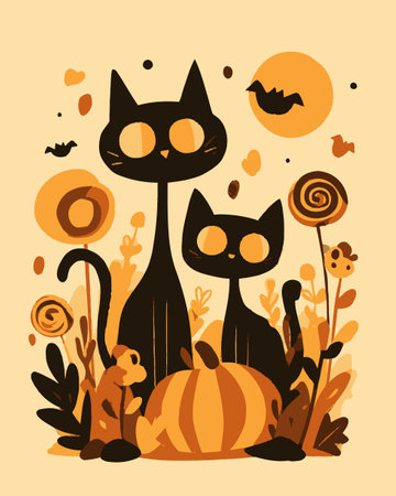 This charming illustration features two whimsical black cats amidst pumpkins and autumn leaves, ideal for Halloween themes. Bright orange tones create a playful atmosphere.のイラスト素材