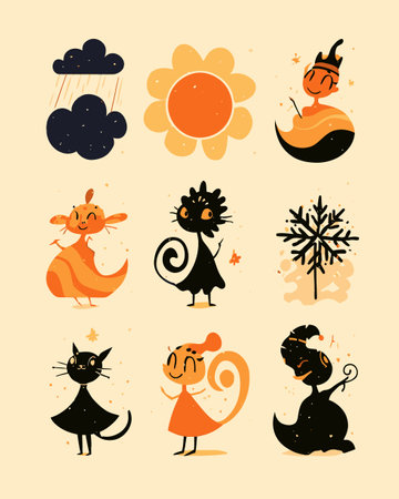 A vibrant collection of playful cartoon illustrations featuring cute animals and cheerful nature elements, showcasing unique character designs and whimsical expressions.のイラスト素材