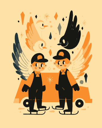 This whimsical illustration features two cartoon boys with wings on ice skates, surrounded by playful birds and a vibrant background. Ideal for creative projects.のイラスト素材