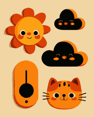 Delight in these charming cartoon illustrations featuring a sun, playful clouds, and a cute cat. Vibrant colors and joyful expressions provide a whimsical touch.のイラスト素材