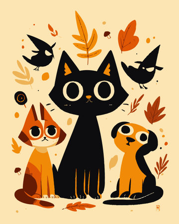 Adorable cartoon animals featuring a cat, dog, and birds in a warm autumn setting, surrounded by vibrant leaves, showcasing a whimsical and colorful art style.のイラスト素材