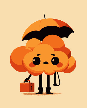This charming cartoon cloud character is depicted holding an umbrella and briefcase. The vibrant orange hue and playful design evoke a cheerful, imaginative vibe, perfect for children's art.のイラスト素材