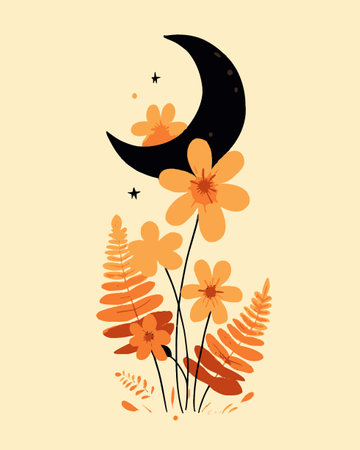 A charming floral illustration featuring bright orange flowers, fern leaves, and a crescent moon against a soft background. Perfect for decoration and design.のイラスト素材