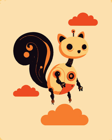 Dive into a whimsical world with this charming robot squirrel soaring through a vibrant sky filled with colorful clouds. Perfect for imaginative projects!のイラスト素材