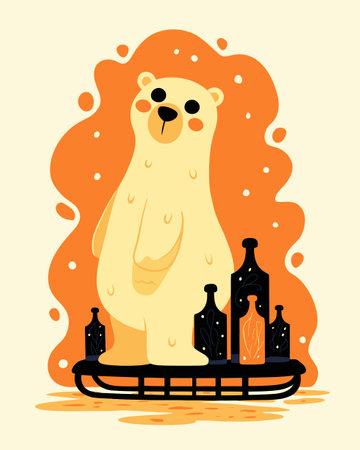 This charming cartoon illustration features a cute yellow bear amidst vibrant bottles, embodying joy and playfulness. Ideal for children's themes and decor.のイラスト素材