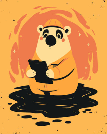 This charming cartoon bear in an orange outfit holds a clipboard, surrounded by a bright yellow backdrop. The playful design captures a whimsical and engaging character perfect for a variety of creative projects.のイラスト素材