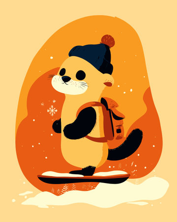 This charming illustration features a cute otter snowboarding in a vibrant winter scene. Dressed in a beanie and a backpack, the playful character embodies joy and adventure.のイラスト素材