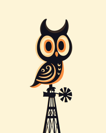 This whimsical illustration features a cartoon owl perched atop a vintage windmill, showcasing a playful design in bold colors. Perfect for art lovers!のイラスト素材