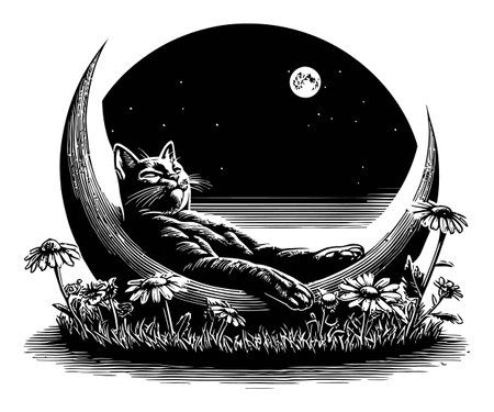 A detailed illustration of a cat lounging on a crescent moon, surrounded by flowers, under a starry sky. This artwork captures a serene and whimsical atmosphere.のイラスト素材