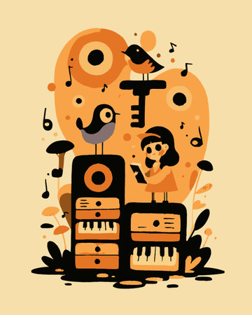 This charming illustration features a playful girl and bird among musical notes, set in warm orange tones. Perfect for children's themes and artistic projects.のイラスト素材