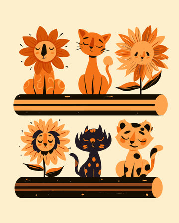 This charming illustration features playful cartoon animals and vibrant flowers in warm orange and yellow hues, offering a delightful and whimsical art piece perfect for any cheerful decor.のイラスト素材