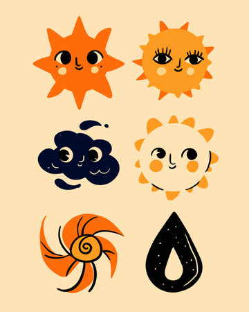 A vibrant and cheerful collection of cartoon sun and cloud illustrations perfect for playful designs. Ideal for children's products or creative projects.のイラスト素材